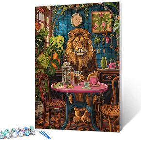Cat Sit Next to Table Paint by Numbers Kits for Adult,Leisurely Cat Paint by Numbers Jungle Leaf Painting on Canvas Pigment in Gift Box for Home Wall Decor Without Framed 16''W x 20''H