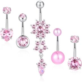 Gnoliew Belly Button Rings Dangle Surgical Stainless Steel Belly Rings Cute Pink CZ Navel Rings for Women