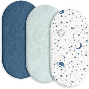 Gllquen Baby Muslin Bassinet Sheets 3 Pack, Breathable Elastic Cozy Fitted Cotton Bassinet Mattress Sheet for Baby Boy Girls, Fit for Hourglass Oval Rectangular Cradle Pad Sheets 33"X17" (Green)