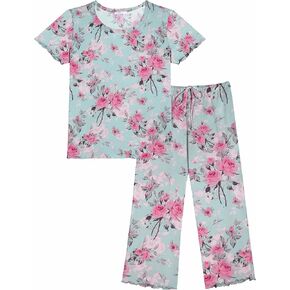 Ekouaer Women's Pajamas Set Short Sleeve Sleepwear 2 Piece Round Neck Top Capri Pants Lounge Wear with Pockets