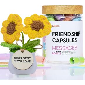 MSEHKM Friendship Messages in a Bottle Package for Your Bestfriend With Crochet Sunflower Pre-Written Capsule Letters in Plastic Jar for Men Women, BFF, Bestie, Friend Present, Just Friends