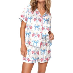 Women Silk Satin Pajama Shorts Set Y2k 2 Piece Outfits Matching Pj Set Cute Short Sleeve Preppy Shirt Pjs Short Set