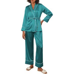 Ekouaer Satin Pjs for Women Set Silk Pajamas Set Long Sleeve Top with Pants Soft 2 Pieces Loungewear with Belt