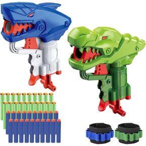 2 Pack Dinosaur Shark Mini Blaster Guns Set for Nerf Game, Small Toy Guns for Boys, 40 Refill Foam Darts 2 Wristbands, Birthday Party Favors for Kids