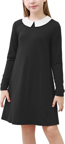 GORLYA Girls Peter Pan Collar Vintage Casual Loose Straight Swing T-Shirt Dress with Pockets 4-14Y in Saudi Arabia