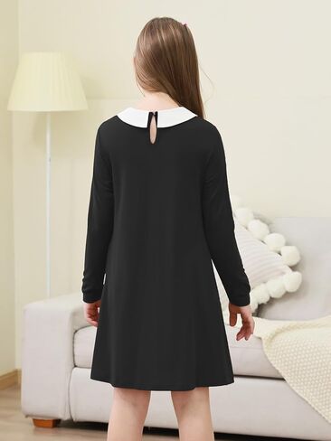 GORLYA Girls Peter Pan Collar Vintage Casual Loose Straight Swing T-Shirt Dress with Pockets 4-14Y in Saudi Arabia