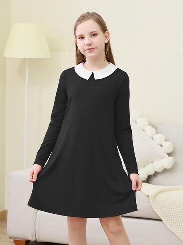 GORLYA Girls Peter Pan Collar Vintage Casual Loose Straight Swing T-Shirt Dress with Pockets 4-14Y in Saudi Arabia