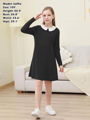 GORLYA Girls Peter Pan Collar Vintage Casual Loose Straight Swing T-Shirt Dress with Pockets 4-14Y in Saudi Arabia