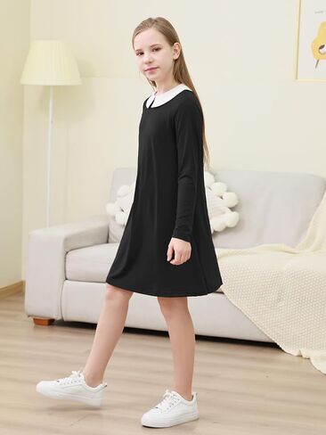 GORLYA Girls Peter Pan Collar Vintage Casual Loose Straight Swing T-Shirt Dress with Pockets 4-14Y in Saudi Arabia