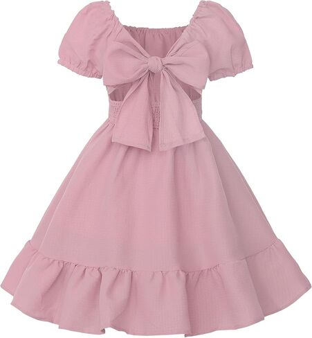 Uhnice Girls Summer Casual Dress Bow Tie Back Dresses Off Shoulder Ruffled Hem in Saudi Arabia