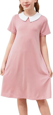 GORLYA Girls Peter Pan Collar Vintage Casual Loose Straight Swing T-Shirt Dress with Pockets 4-14Y in Saudi Arabia