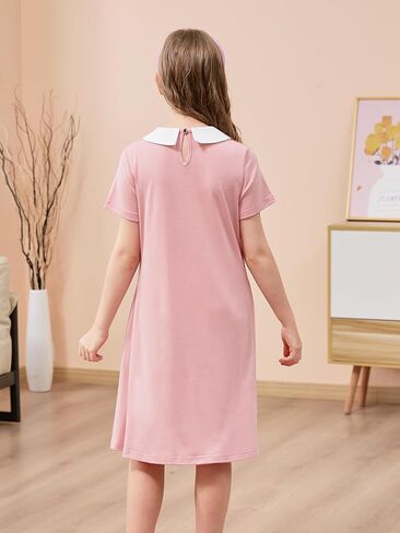 GORLYA Girls Peter Pan Collar Vintage Casual Loose Straight Swing T-Shirt Dress with Pockets 4-14Y in Saudi Arabia