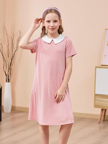 GORLYA Girls Peter Pan Collar Vintage Casual Loose Straight Swing T-Shirt Dress with Pockets 4-14Y in Saudi Arabia