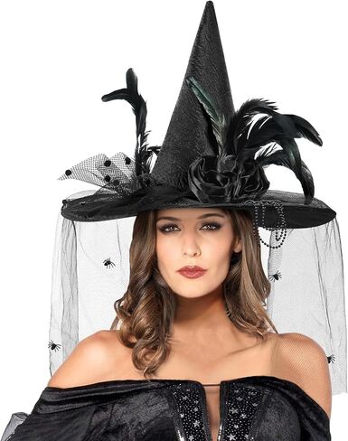 أماندير قبعة الساحرة للهالوين، قبعات الساحرة السوداء زي للنساء مع ريش الزهور والحجاب والخرز وإكسسوارات قبعة الساحرات in Kuwait