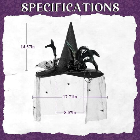 أماندير قبعة الساحرة للهالوين، قبعات الساحرة السوداء زي للنساء مع ريش الزهور والحجاب والخرز وإكسسوارات قبعة الساحرات in Kuwait