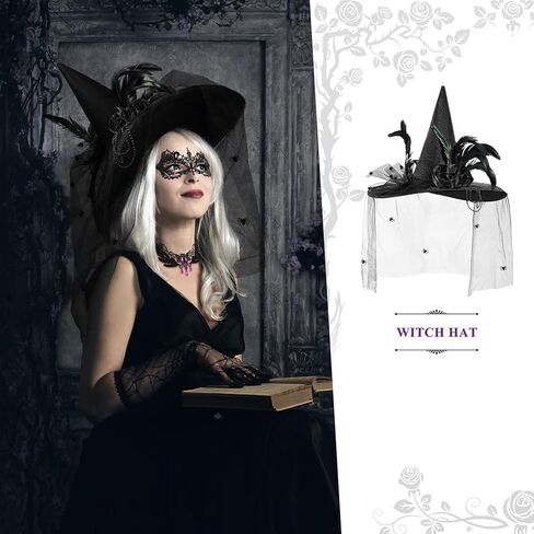 أماندير قبعة الساحرة للهالوين، قبعات الساحرة السوداء زي للنساء مع ريش الزهور والحجاب والخرز وإكسسوارات قبعة الساحرات in Kuwait