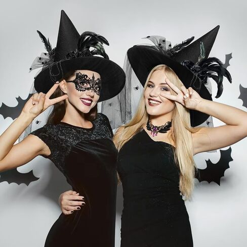 أماندير قبعة الساحرة للهالوين، قبعات الساحرة السوداء زي للنساء مع ريش الزهور والحجاب والخرز وإكسسوارات قبعة الساحرات in Kuwait