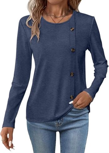 Minetom Women's Long Sleeve Shirts Round Neck Button Side Blouses Tops Fall Clothes in Saudi Arabia