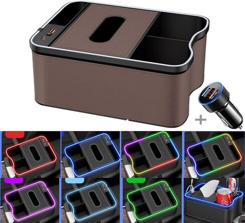 Car Armrest Storage Box Back Seat Organizer,7 color changing led car Passenger Seat Organizer, for Console Front/Back, Automotive Backseat Organizer Cup Holders for Accessories (Beige) in Saudi Arabia