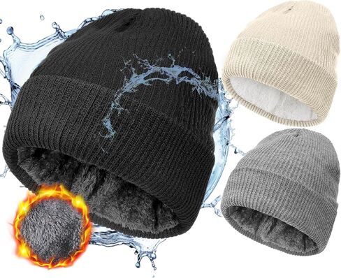 Jeyiour 3 Pcs Waterproof Beanie Fleece Thermal Winter Hat Waterproof Windproof Cuff Beanie for Women Men Ski Walking Running in Saudi Arabia