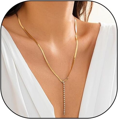 Gold Long Drop Y Necklace for Women Dainty Snake Bone Chain Link Choker Necklace Silver Cubic Zircon Pendant Necklace Fashion Jewelry Gifts in Kuwait