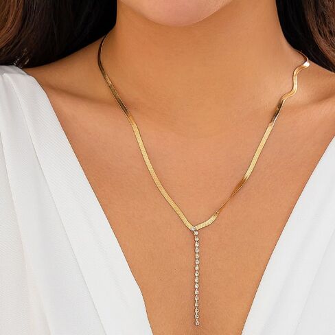 Gold Long Drop Y Necklace for Women Dainty Snake Bone Chain Link Choker Necklace Silver Cubic Zircon Pendant Necklace Fashion Jewelry Gifts in Kuwait