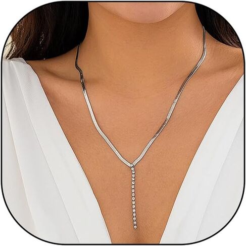 Gold Long Drop Y Necklace for Women Dainty Snake Bone Chain Link Choker Necklace Silver Cubic Zircon Pendant Necklace Fashion Jewelry Gifts in Kuwait