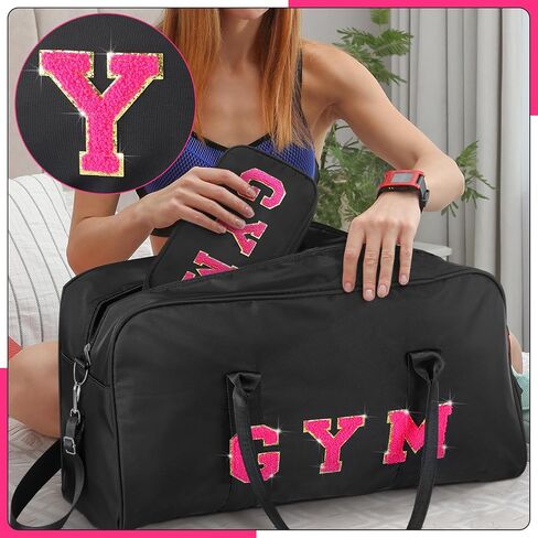 2 قطعة حقيبة سفر من القماش الخشن للنساء حقيبة صالة الألعاب الرياضية Preppy Chenille Letter Weekender حقيبة مضادة للماء حقيبة واق من المطر مع حذاء وملابس مبللة مقصورة الجمباز هدايا لحفلات الجمباز in Saudi Arabia