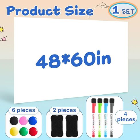 Pasimy Magnetic Dry Erase Board Whiteboard Sheet 48 x 60 Whiteboard Paper for Wall Easy to Write Clean Self Adhesive Whiteboard Sticker for Fridge with 4 Markers 2 Eraser 6 Pin Magnets for Office in Saudi Arabia
