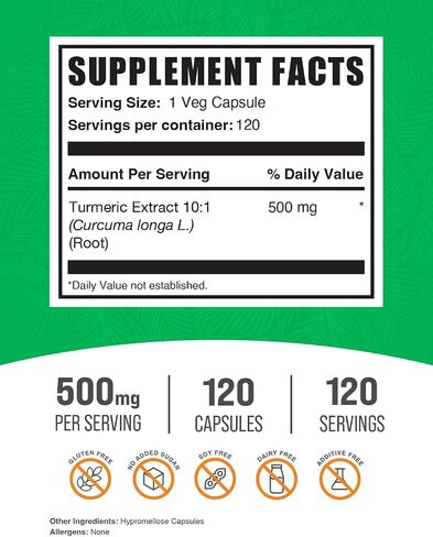 BulkSupplements.com Turmeric 500mg Extract Capsules - Curcumin Supplements, Turmeric Curcumin Capsules - Gluten Free, 1 Capsule per Serving, 120 Veg Capsules (Pack of 1) in Saudi Arabia