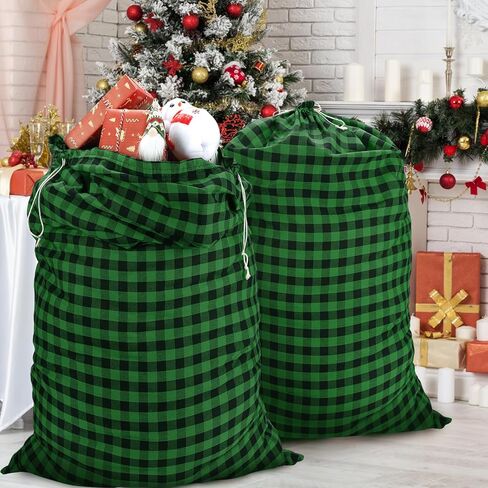 Reusable Jumbo Gift Bags with Drawstring, 27" × 20" Xmas Plaid Santa Bags, Extra Large Christmas Canvas Wrapping Bags for Storing Kids Presents, Holiday Gift Sacks Under 10 Dollars, (2 Pcs, Style 1) in Kuwait