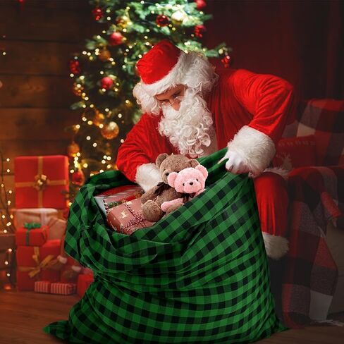 Reusable Jumbo Gift Bags with Drawstring, 27" × 20" Xmas Plaid Santa Bags, Extra Large Christmas Canvas Wrapping Bags for Storing Kids Presents, Holiday Gift Sacks Under 10 Dollars, (2 Pcs, Style 1) in Kuwait