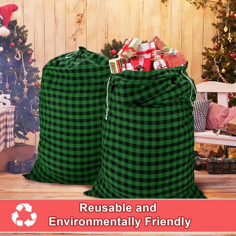 Reusable Jumbo Gift Bags with Drawstring, 27" × 20" Xmas Plaid Santa Bags, Extra Large Christmas Canvas Wrapping Bags for Storing Kids Presents, Holiday Gift Sacks Under 10 Dollars, (2 Pcs, Style 1) in Kuwait