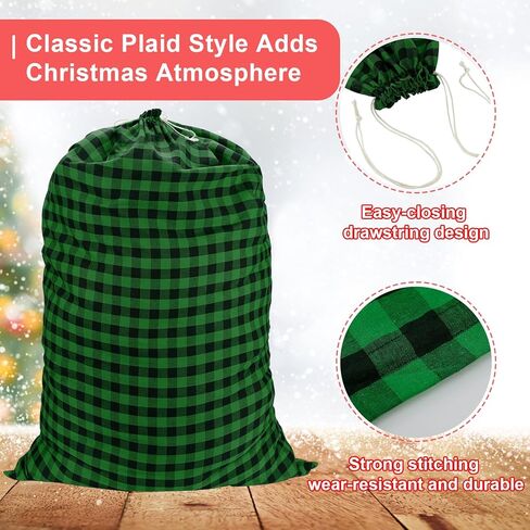 Reusable Jumbo Gift Bags with Drawstring, 27" × 20" Xmas Plaid Santa Bags, Extra Large Christmas Canvas Wrapping Bags for Storing Kids Presents, Holiday Gift Sacks Under 10 Dollars, (2 Pcs, Style 1) in Kuwait