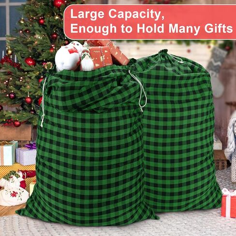 Reusable Jumbo Gift Bags with Drawstring, 27" × 20" Xmas Plaid Santa Bags, Extra Large Christmas Canvas Wrapping Bags for Storing Kids Presents, Holiday Gift Sacks Under 10 Dollars, (2 Pcs, Style 1) in Kuwait