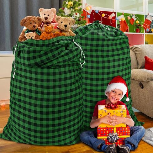 Reusable Jumbo Gift Bags with Drawstring, 27" × 20" Xmas Plaid Santa Bags, Extra Large Christmas Canvas Wrapping Bags for Storing Kids Presents, Holiday Gift Sacks Under 10 Dollars, (2 Pcs, Style 1) in Kuwait