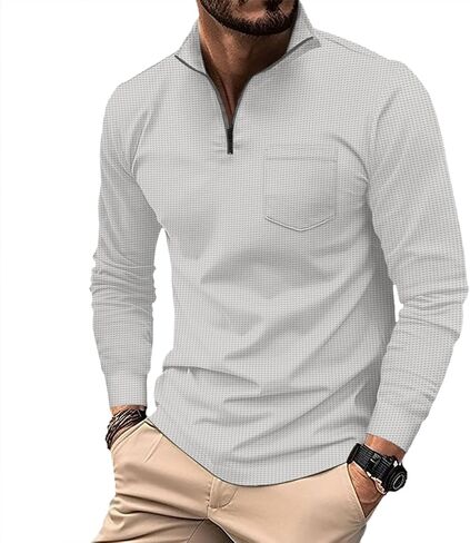 Men's Quarter Zip Polo Shirts Long Sleeve Pullover Polo Shirts Lightweight Mock Neck Casual Slim Fit Golf Polo Shirt in Saudi Arabia