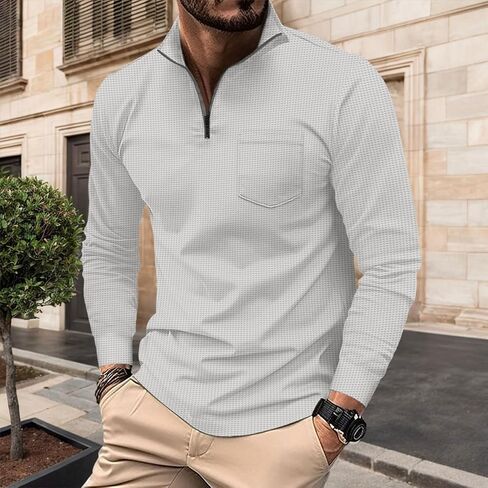 Men's Quarter Zip Polo Shirts Long Sleeve Pullover Polo Shirts Lightweight Mock Neck Casual Slim Fit Golf Polo Shirt in Saudi Arabia