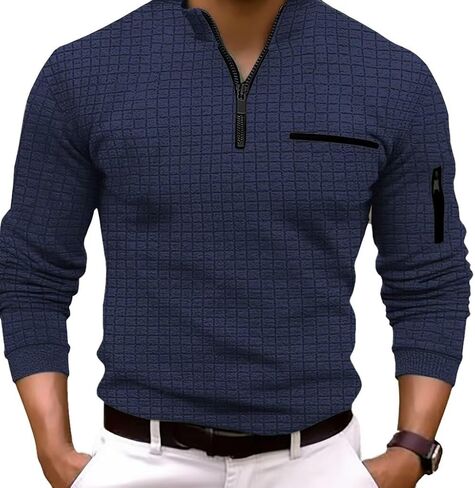 Men's Quarter Zip Polo Shirts Long Sleeve Pullover Polo Shirts Lightweight Mock Neck Casual Slim Fit Golf Polo Shirt in Saudi Arabia