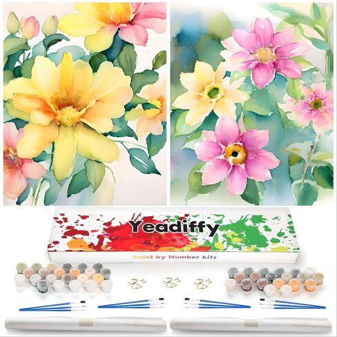Yeadiffy 2 حزمة الطلاء حسب الرقم للبالغين، مجموعات الطلاء الأكريليك بالأرقام، بدون إطار لوحة زيتية أكريليك DIY، مجموعة فنية للرسم الزيتي DIY لديكور المنزل للمبتدئين 16 × 20 بوصة (زهرة ألوان مائية) in Saudi Arabia