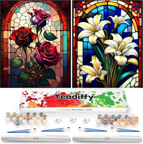 Yeadiffy 2 حزمة الطلاء حسب الرقم للبالغين، مجموعات الطلاء الأكريليك بالأرقام، بدون إطار لوحة زيتية أكريليك DIY، مجموعة فنية للرسم الزيتي DIY لديكور المنزل للمبتدئين 16 × 20 بوصة (زهرة ألوان مائية) in Saudi Arabia