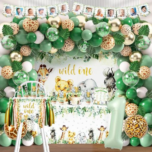 Wild One عيد ميلاد الديكور سفاري الغابة موضوع أول عيد ميلاد الديكور لصبي فتاة سنة واحدة من العمر لوازم حفلة عيد ميلاد البرية واحدة خلفية سفاري مفرش المائدة حكيم الأخضر بالون قوس كتل البالون in Kuwait