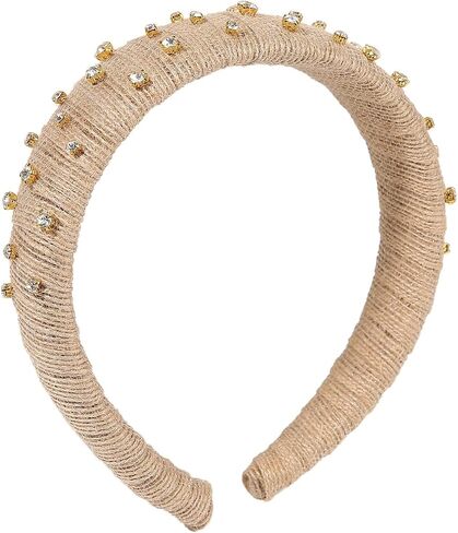1 5 6 Headbands for Women | Fashion Boho Headbands Top Knotted With Rhinestones Elastic Workout Hairbands | Outdoor and Party Headbands for Women Non Slip. (linen color with rhinestones) in Saudi Arabia