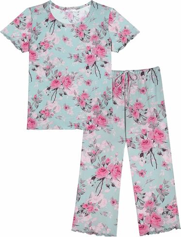 Ekouaer Women's Pajamas Set Short Sleeve Sleepwear 2 Piece Round Neck Top Capri Pants Lounge Wear with Pockets in Saudi Arabia
