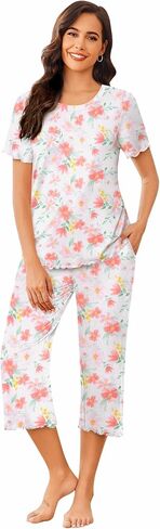 Ekouaer Women's Pajamas Set Short Sleeve Sleepwear 2 Piece Round Neck Top Capri Pants Lounge Wear with Pockets in Saudi Arabia