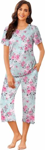 Ekouaer Women's Pajamas Set Short Sleeve Sleepwear 2 Piece Round Neck Top Capri Pants Lounge Wear with Pockets in Saudi Arabia