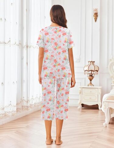 Ekouaer Women's Pajamas Set Short Sleeve Sleepwear 2 Piece Round Neck Top Capri Pants Lounge Wear with Pockets in Saudi Arabia