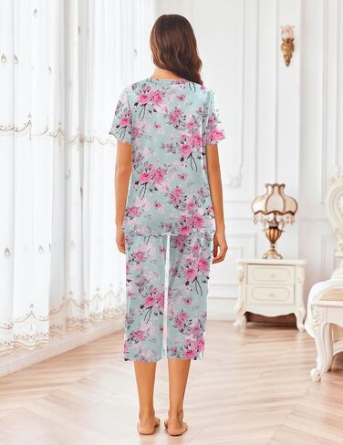 Ekouaer Women's Pajamas Set Short Sleeve Sleepwear 2 Piece Round Neck Top Capri Pants Lounge Wear with Pockets in Saudi Arabia