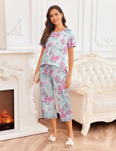 Ekouaer Women's Pajamas Set Short Sleeve Sleepwear 2 Piece Round Neck Top Capri Pants Lounge Wear with Pockets in Saudi Arabia