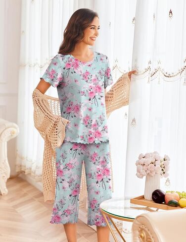 Ekouaer Women's Pajamas Set Short Sleeve Sleepwear 2 Piece Round Neck Top Capri Pants Lounge Wear with Pockets in Saudi Arabia